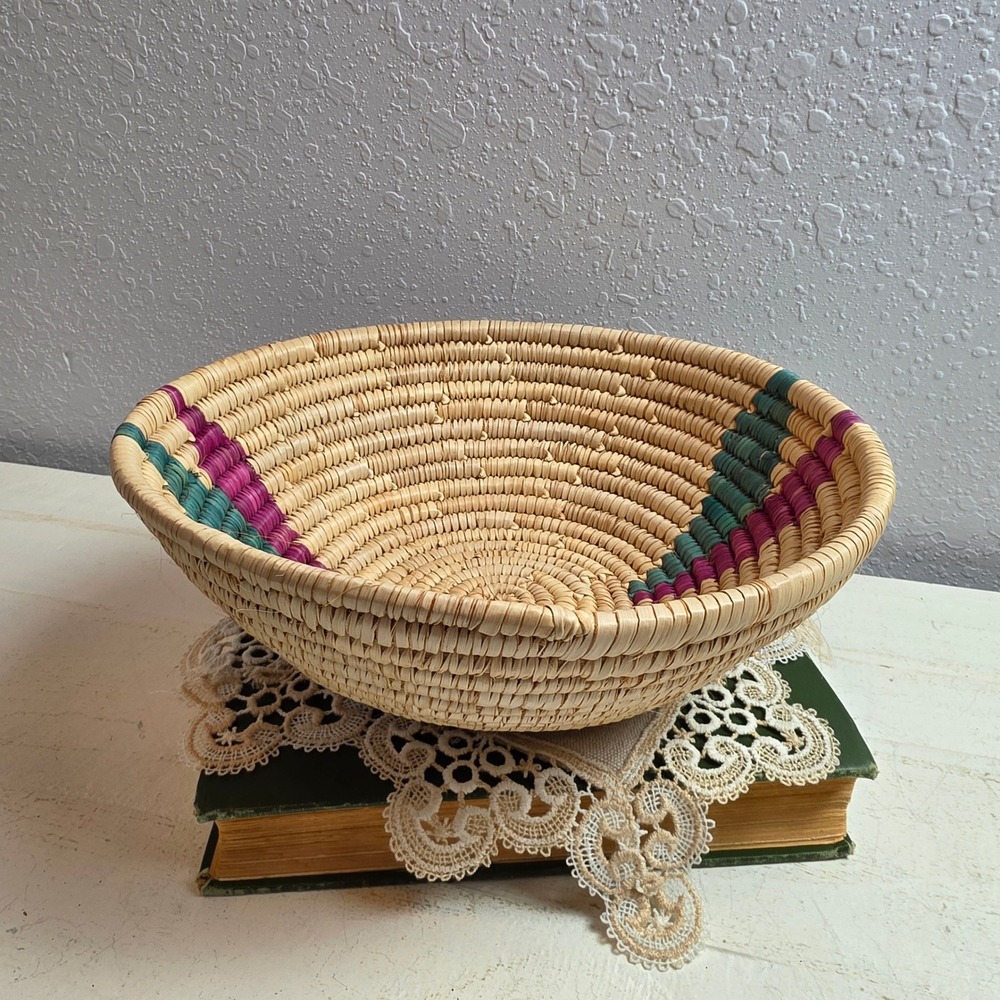 Handcrafted Coil Woven Basket Bowl Southwestern Teal Magenta Geometric Tan
